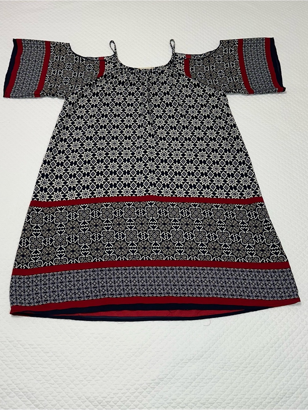Altar'd State Navy and White Geometric Cold-Shoulder Dress